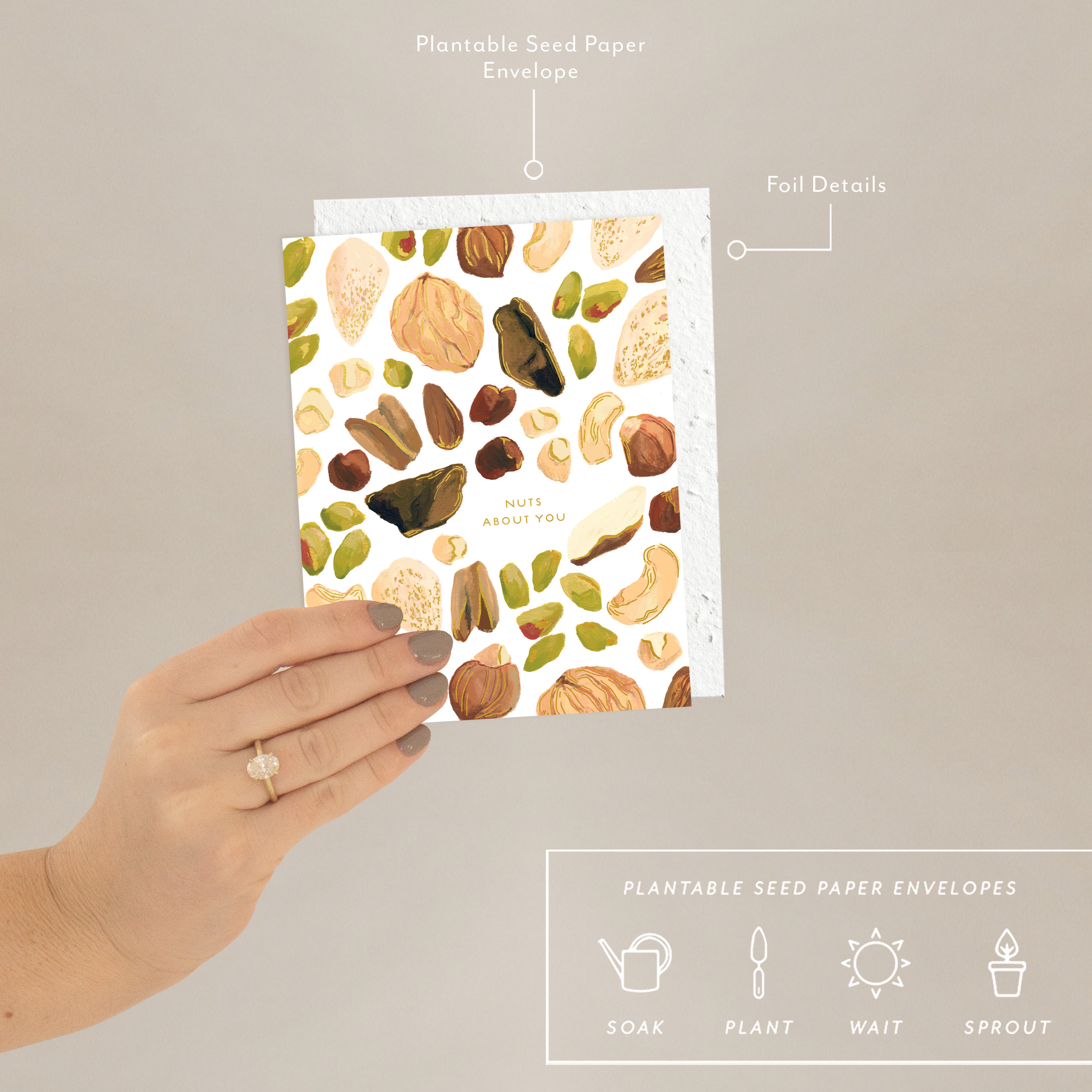 Plantable seed paper envelope card with mixed nuts pattern and "nuts about you"