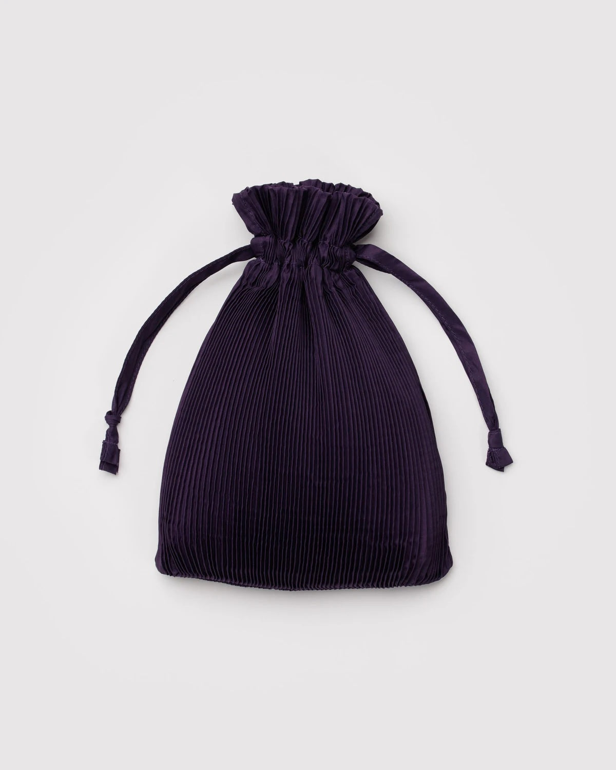 Pleated Baggu dark purple drawstring pouch with gathered top and cord ties