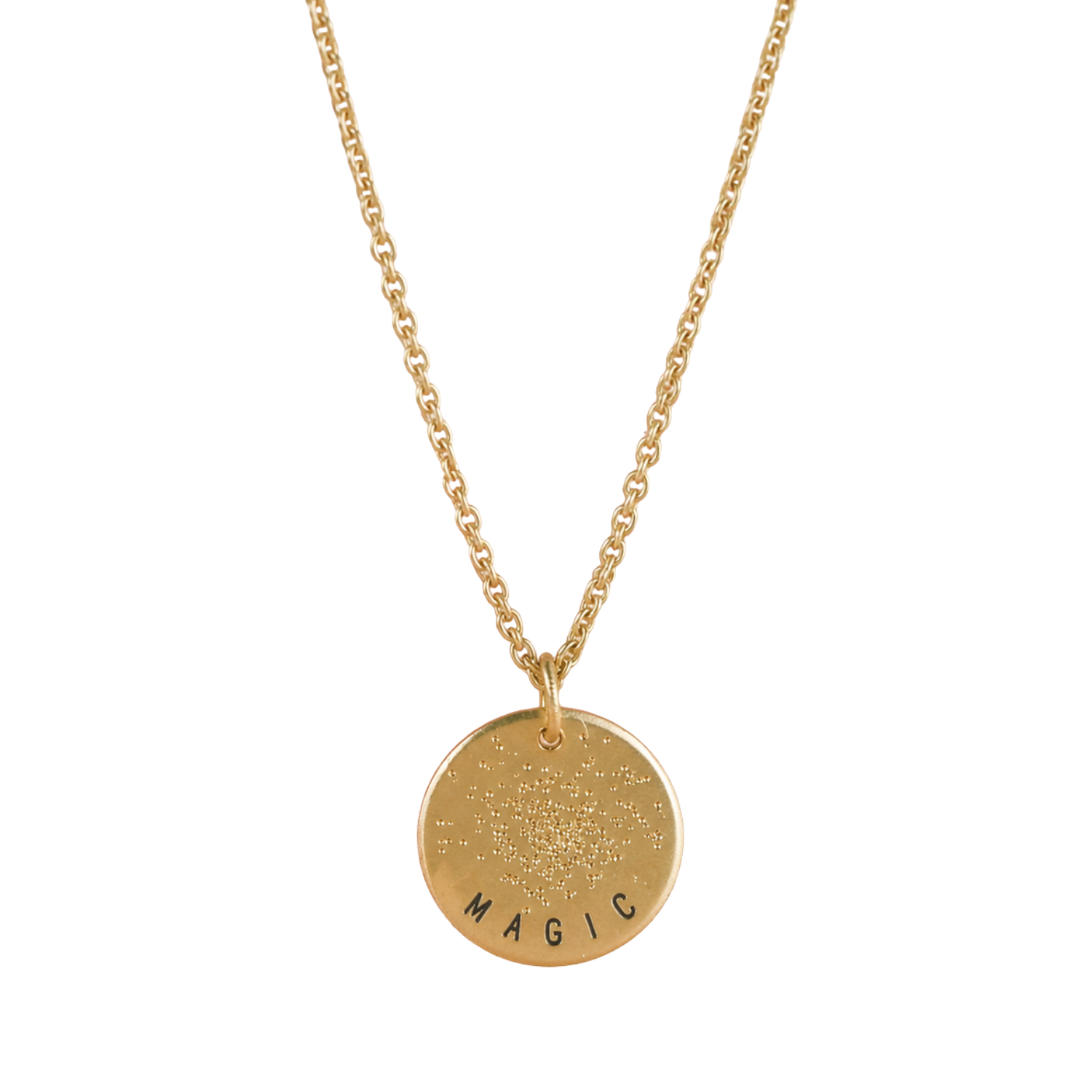 Gold plated mini coin necklace with diamond-dusted round pendant and "MAGIC" engraving