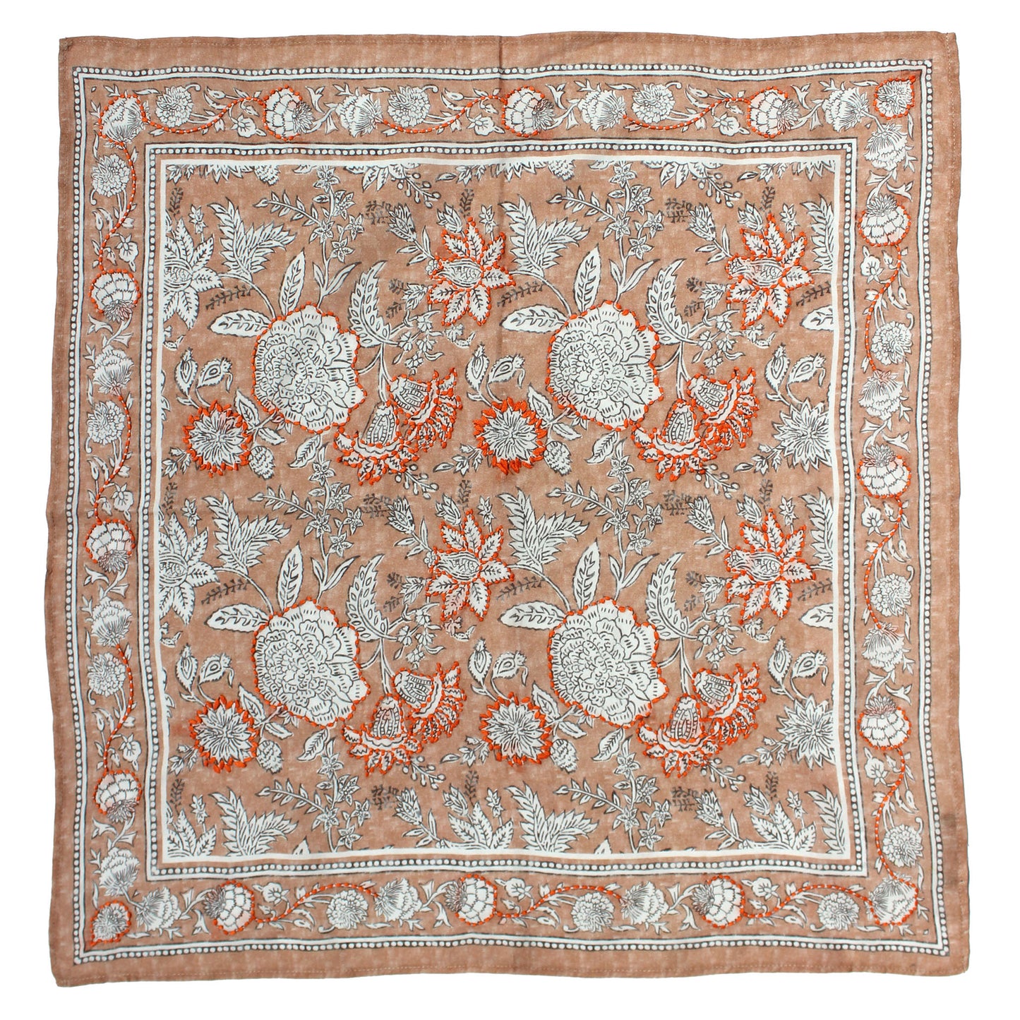 Tan cotton bandana with white and orange floral embroidery and border frame