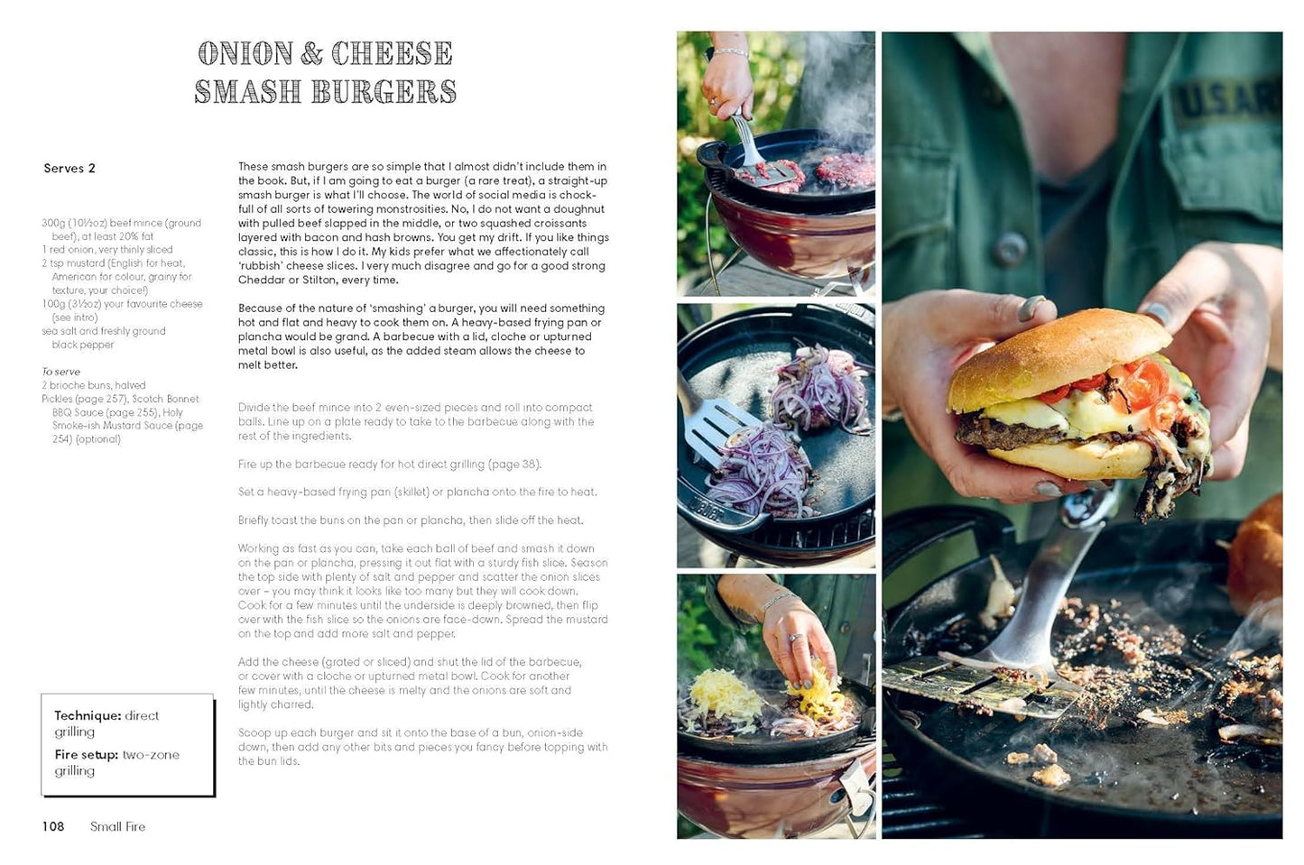 Onion and cheese smash burgers recipe pages with burger photos and inset cooking shots
