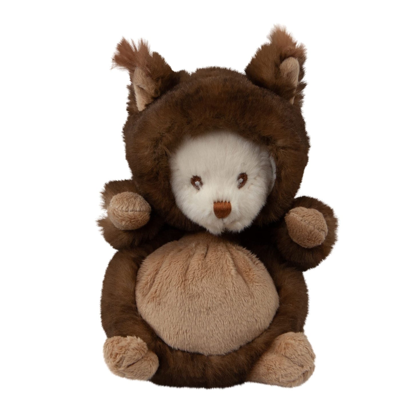 Plush squirrel character with stitched eyes, orange nose, and padded paws