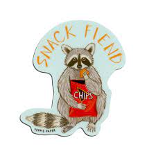 Owl sticker with “Snack Fiend” text and red chip bag graphic