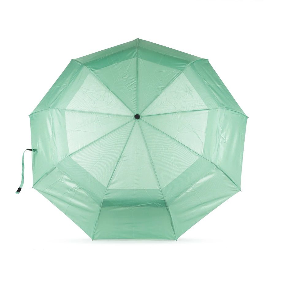 Open recycled nylon umbrella in matcha green, eight-panel canopy with central button.