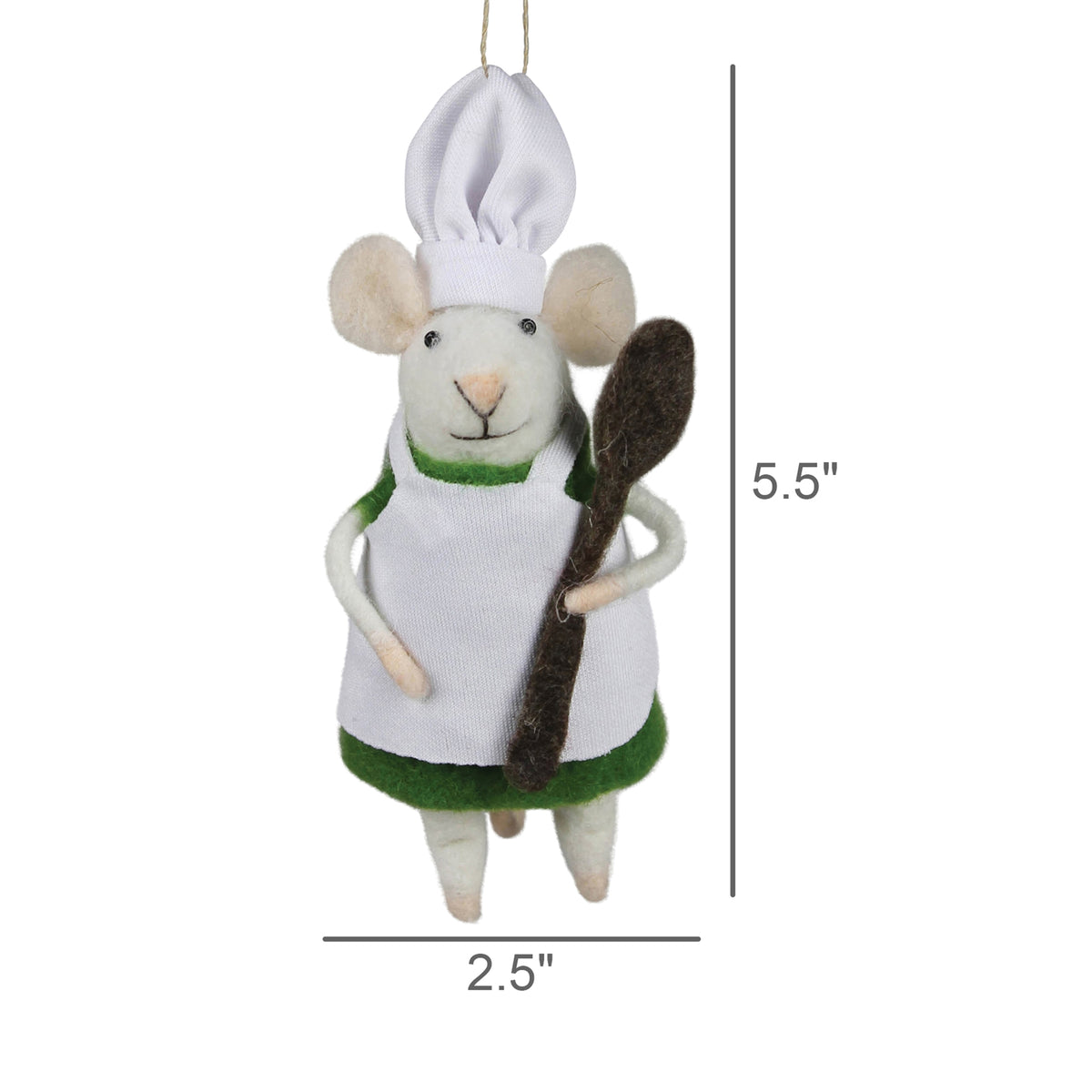 Felt chef mouse ornament with spoon, 5.5 in tall, white and green apron