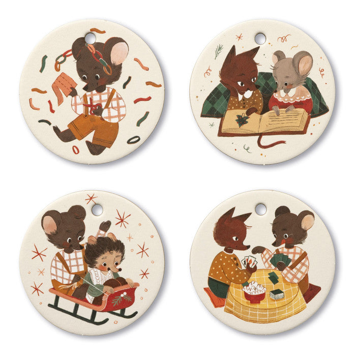 Set of four round ornaments with mouse and cat characters on cream backgrounds.