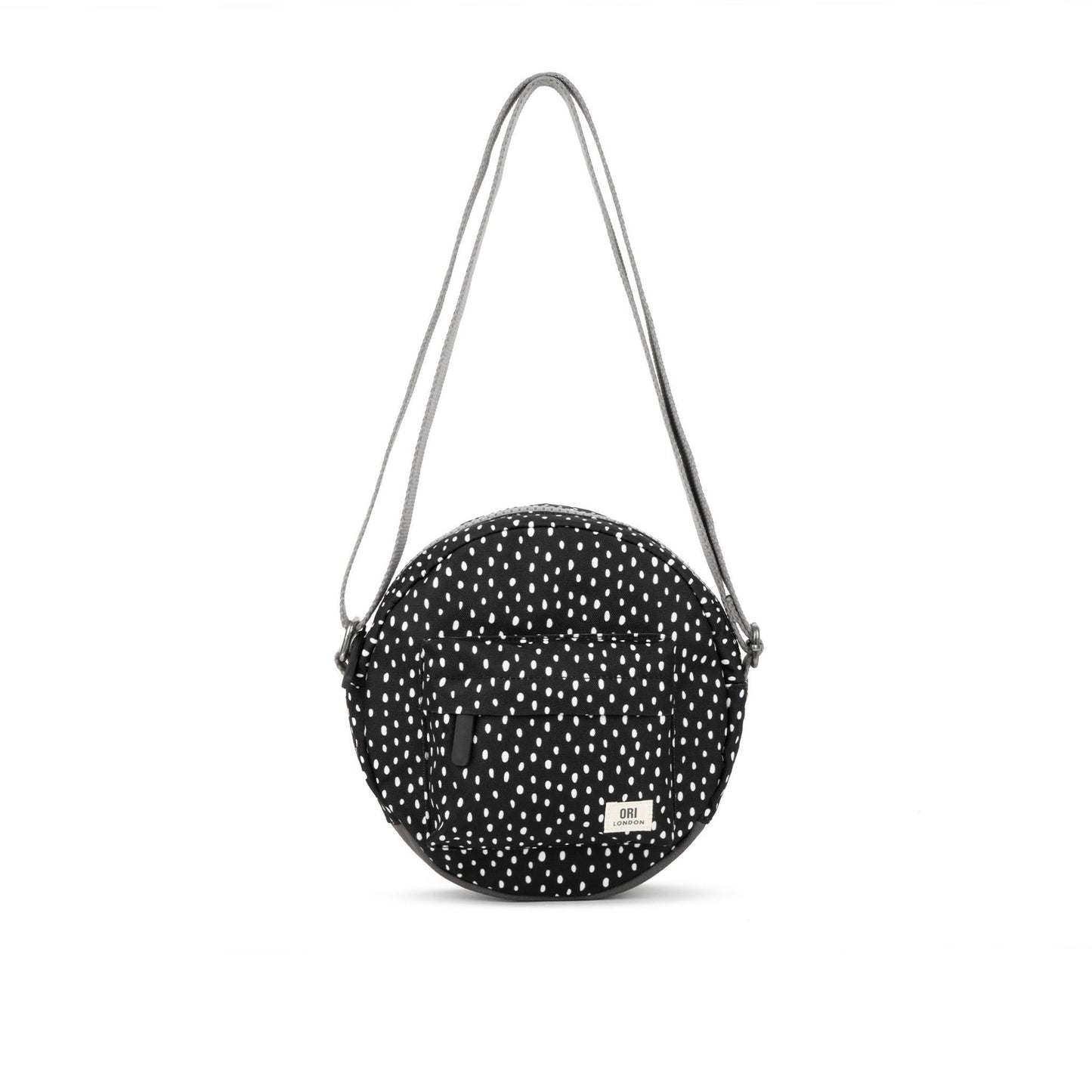 Recycled canvas crossbody bag, round black with white speckle pattern and gray strap