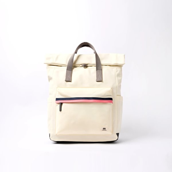 Cream medium nylon backpack with gray top handles and multicolor stripe across front