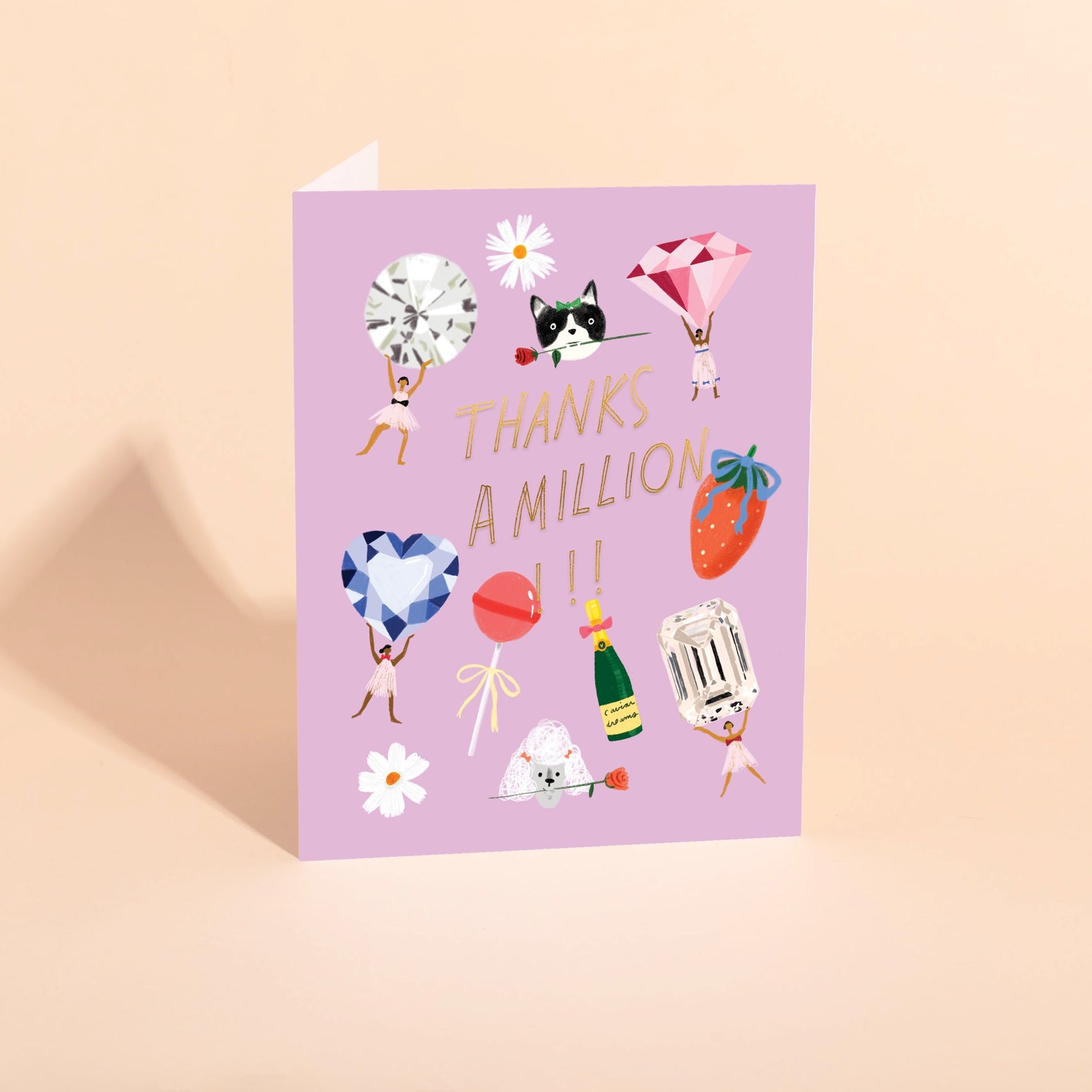 Purple thank-you card with “Thanks a Million” text and fun balloon and cat illustrations