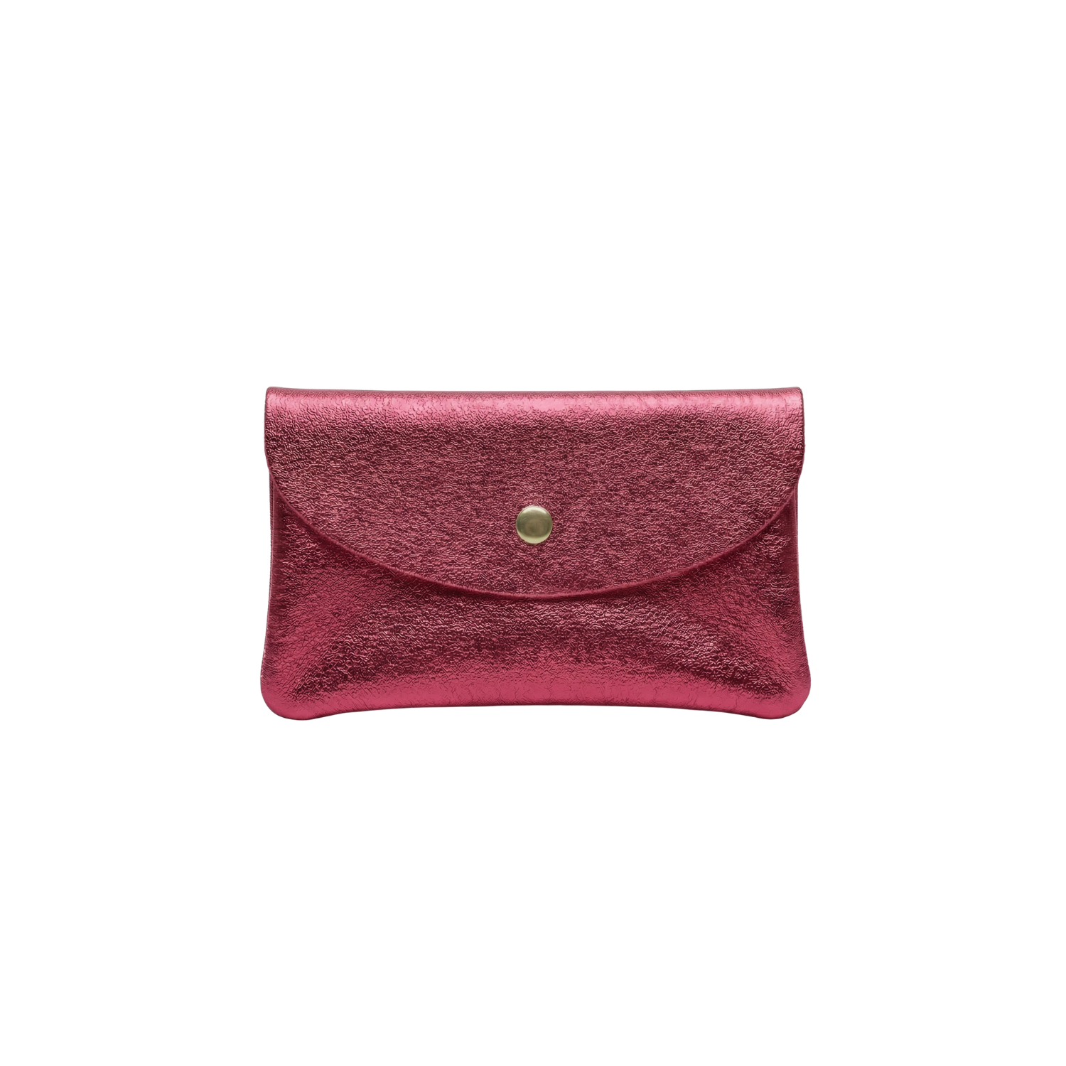 Metallic pink leather mini wallet with front flap and snap button
