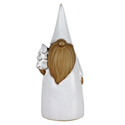 Ceramic gnome with tall white hat, brown face and beard, small raised hands