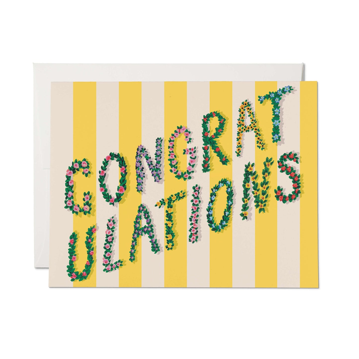 Congrats greeting card with yellow striped background and floral 'Congrats' lettering