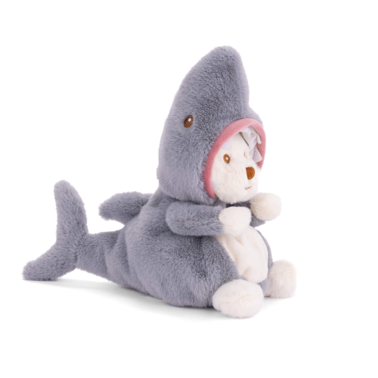 Grey shark plush with pointed hood, pink-lined opening, white muzzle and long body