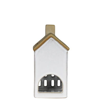 Ceramic house tealight holder: front view with arched window cutout, tan roof