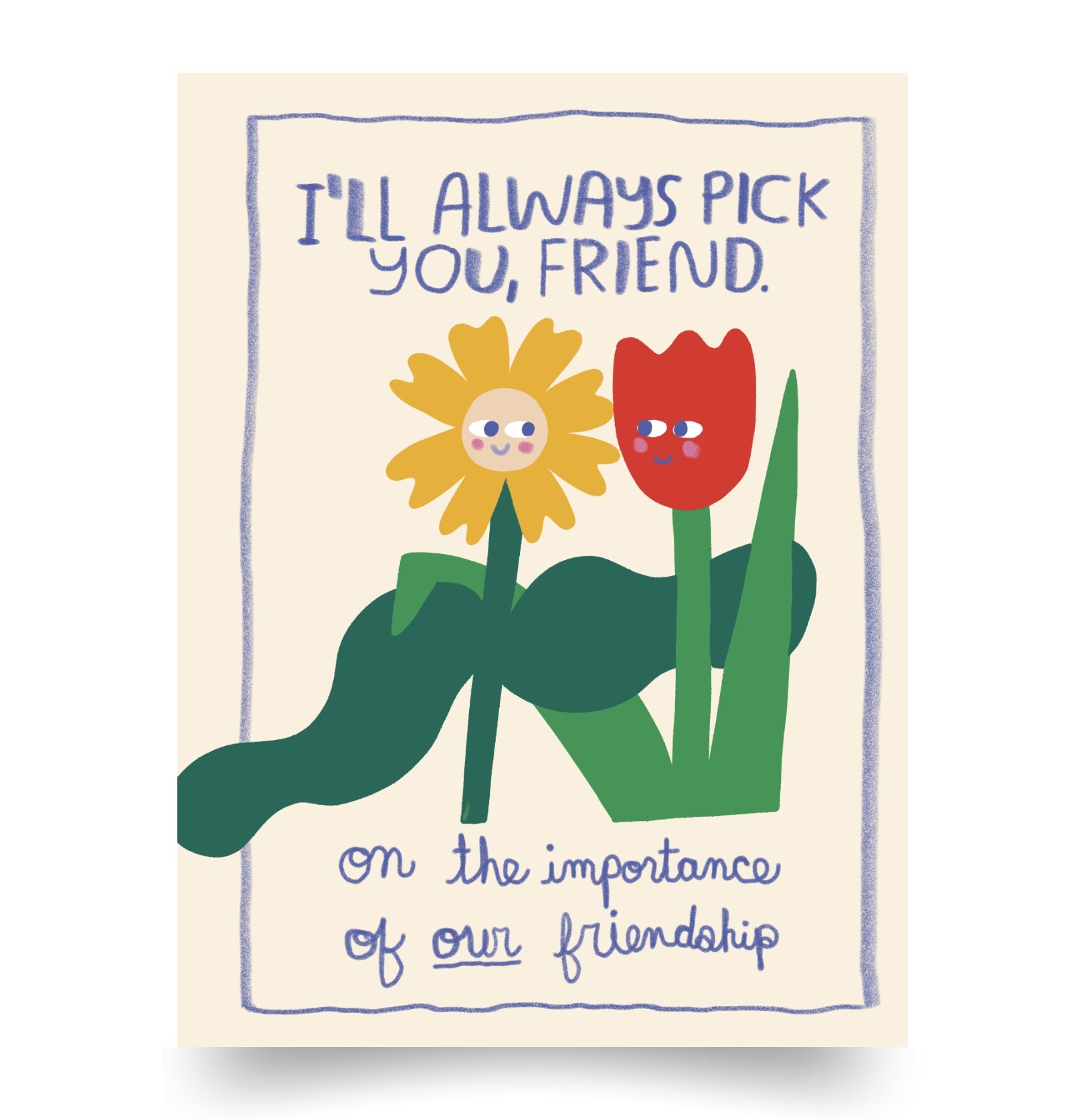 Friendship book cover: 'I'll Always Pick You, Friend' with sunflower and red character