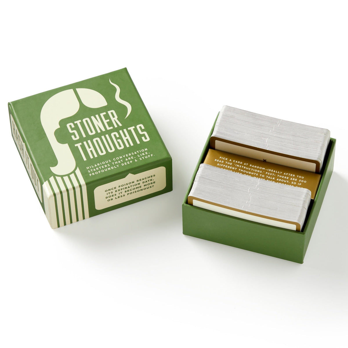 Green conversation starter card set with Stoner Thoughts box and card stack
