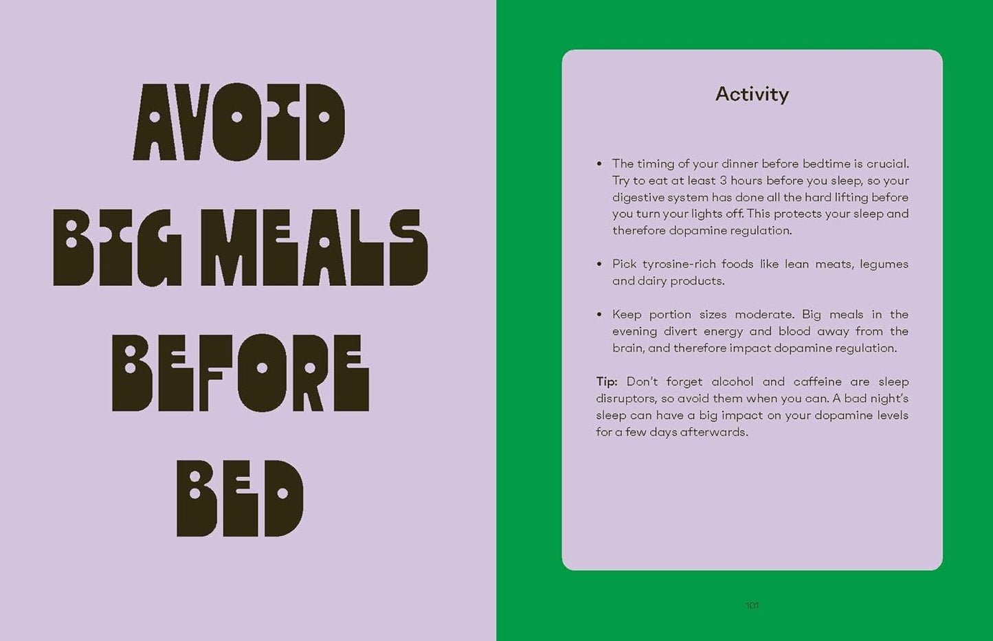 Energy book spread: 'Avoid Big Meals Before Bed' typography and green 'Activity' box