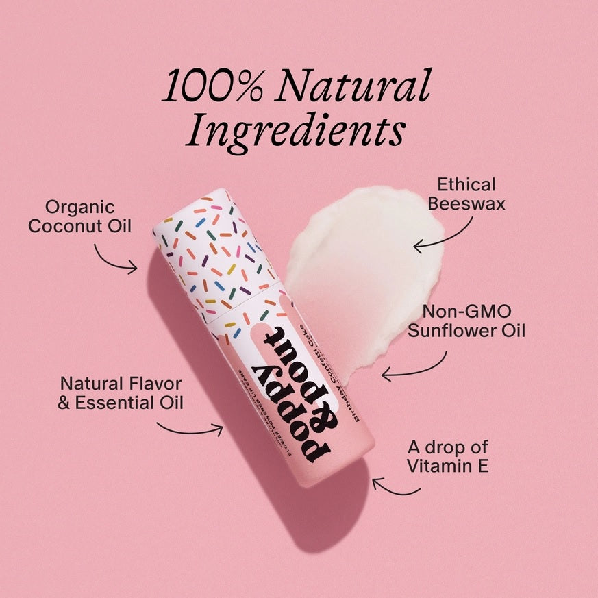 Confetti-print lip balm tube with white, heart-shaped balm and creamy jar
