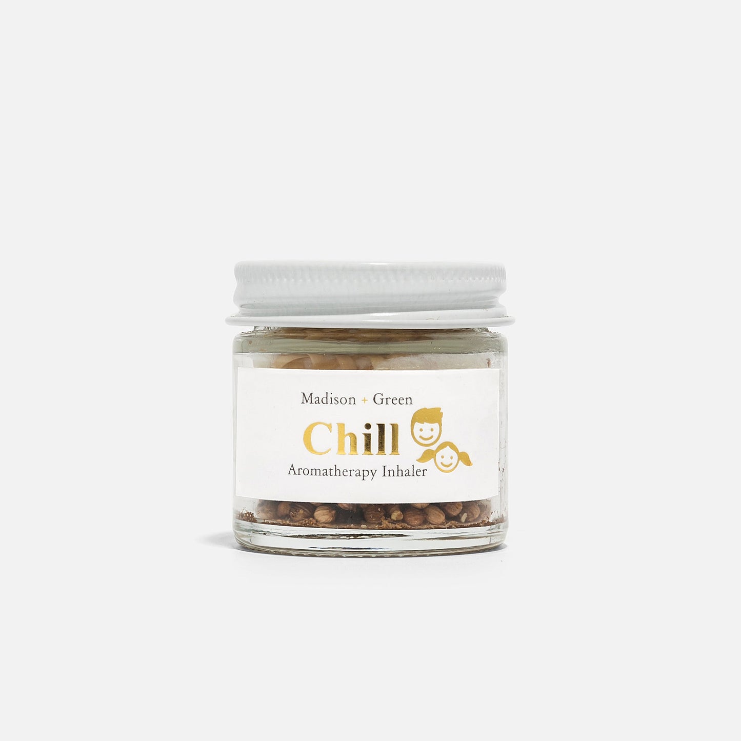 Aromatherapy inhaler jar with white cap, label "Chill" by Madison + Green