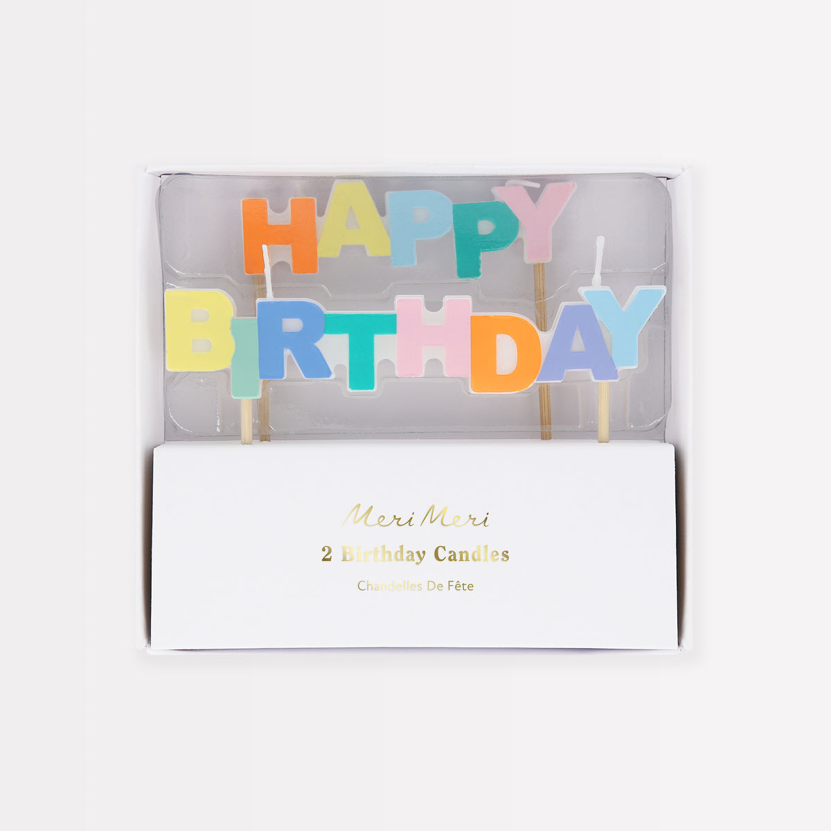 Happy Birthday candle set, 2 multicolor letter candles on wooden sticks in box