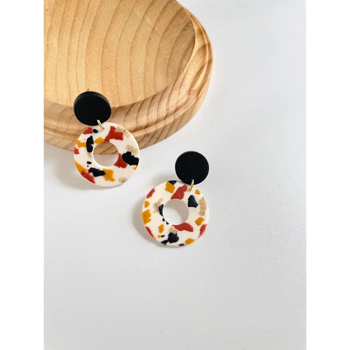 Terrazzo circle dangle earrings with black stud tops and multicolor speckled discs