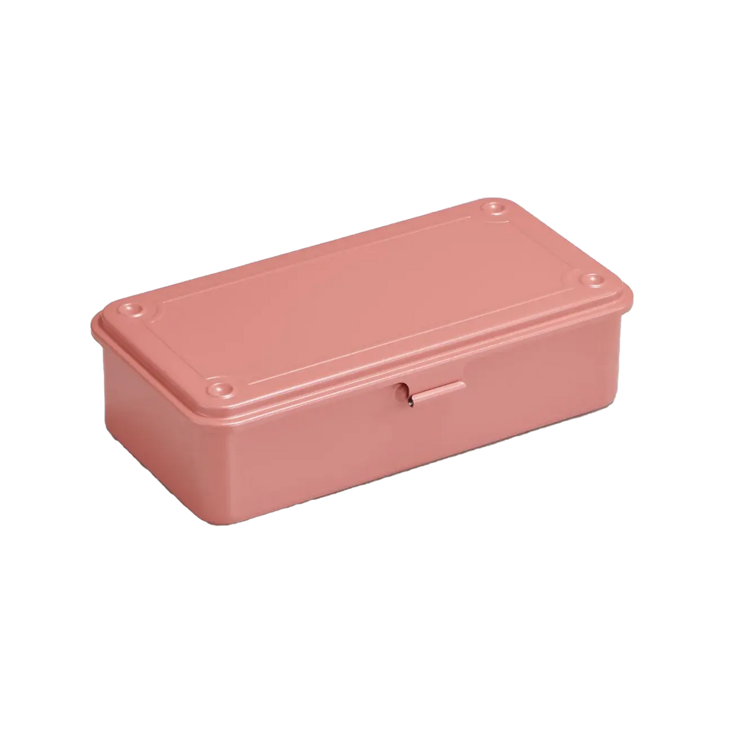 Steel stackable storage box, coral pink with hinged lid and handle slot