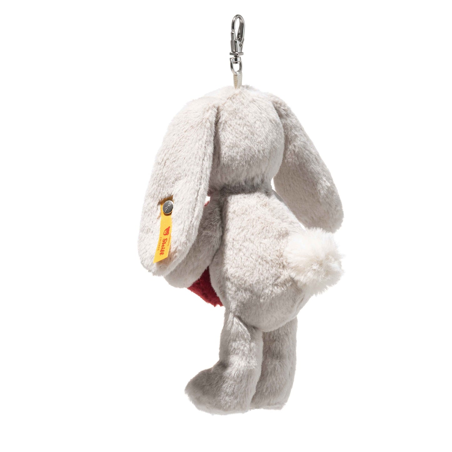 Rabbit plush keyring side view with red heart patch and hanging metal ring