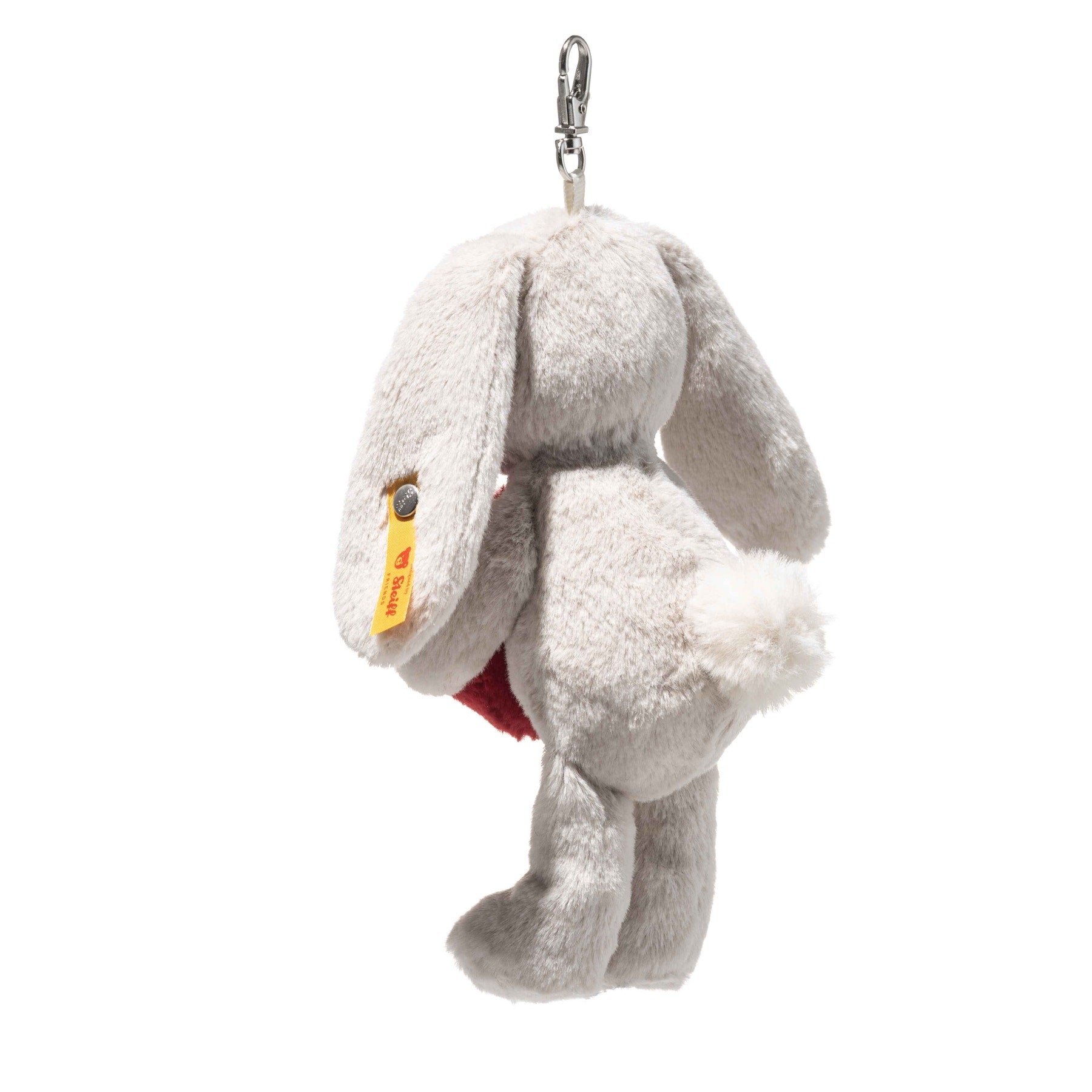 Rabbit plush keyring side view with red heart patch and hanging metal ring