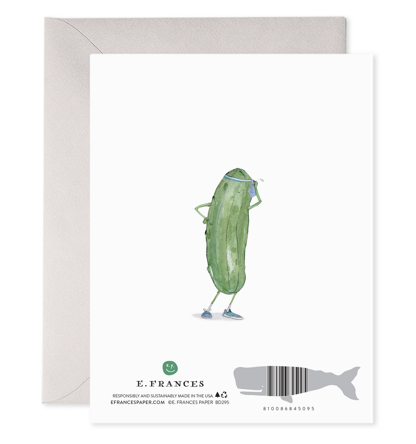 Pickleball birthday greeting card with one pickle character standing, “E. Frances” and barcode