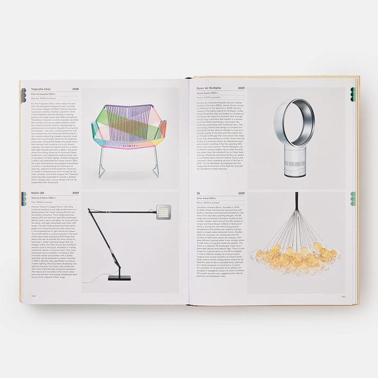 Open design book spread with colorful furniture and lighting illustrations on pages.