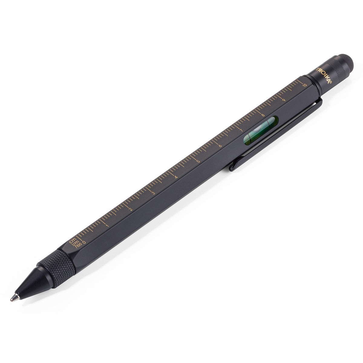 Black ballpoint measuring pen with ruler markings and built-in bubble level