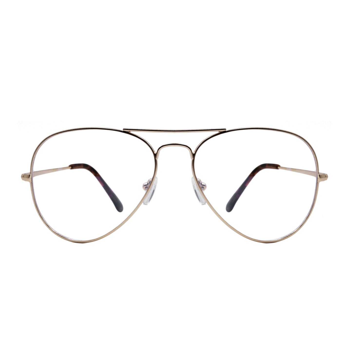 Gold-tone round eyeglass frame with dark temple accents
