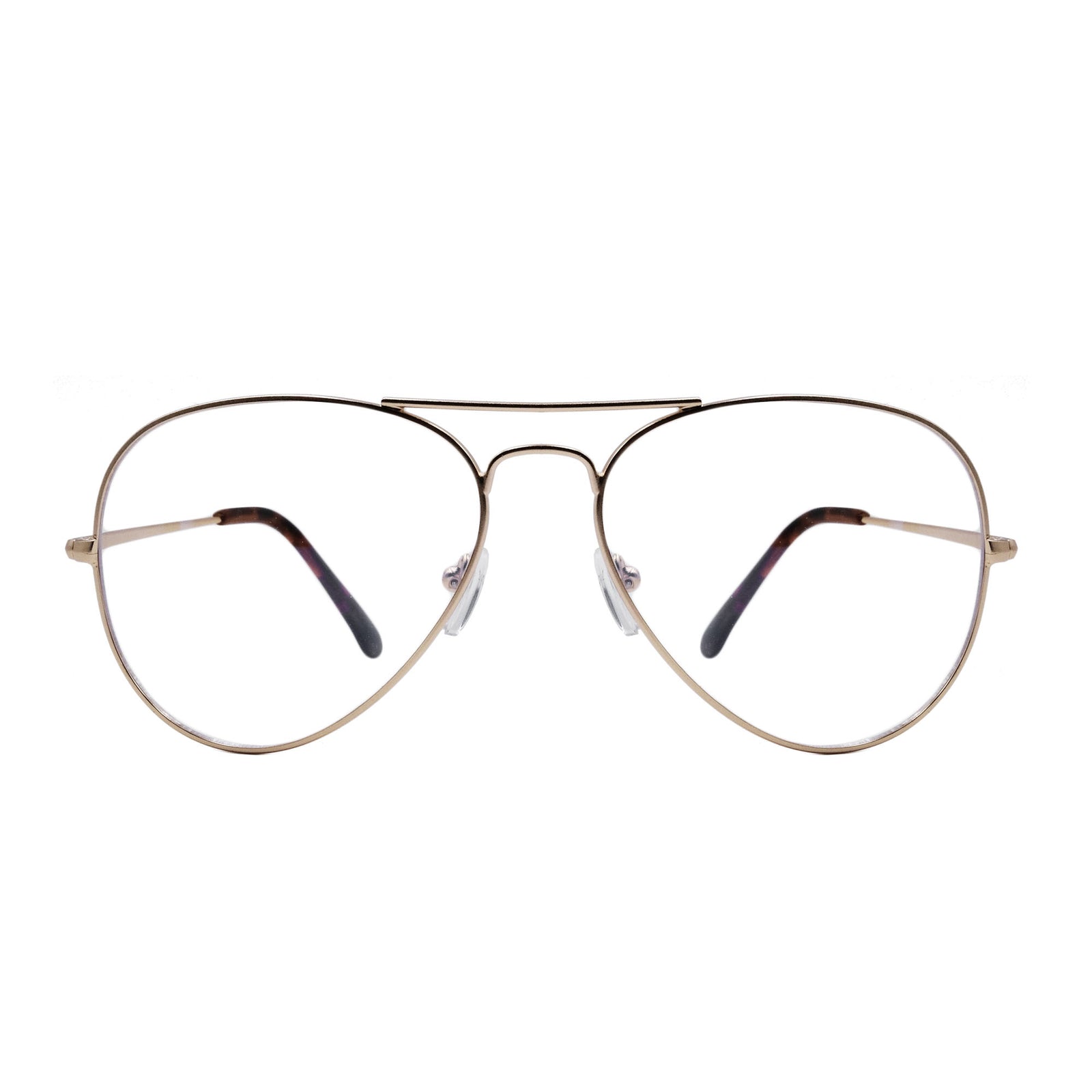Gold-tone round eyeglass frame with dark temple accents