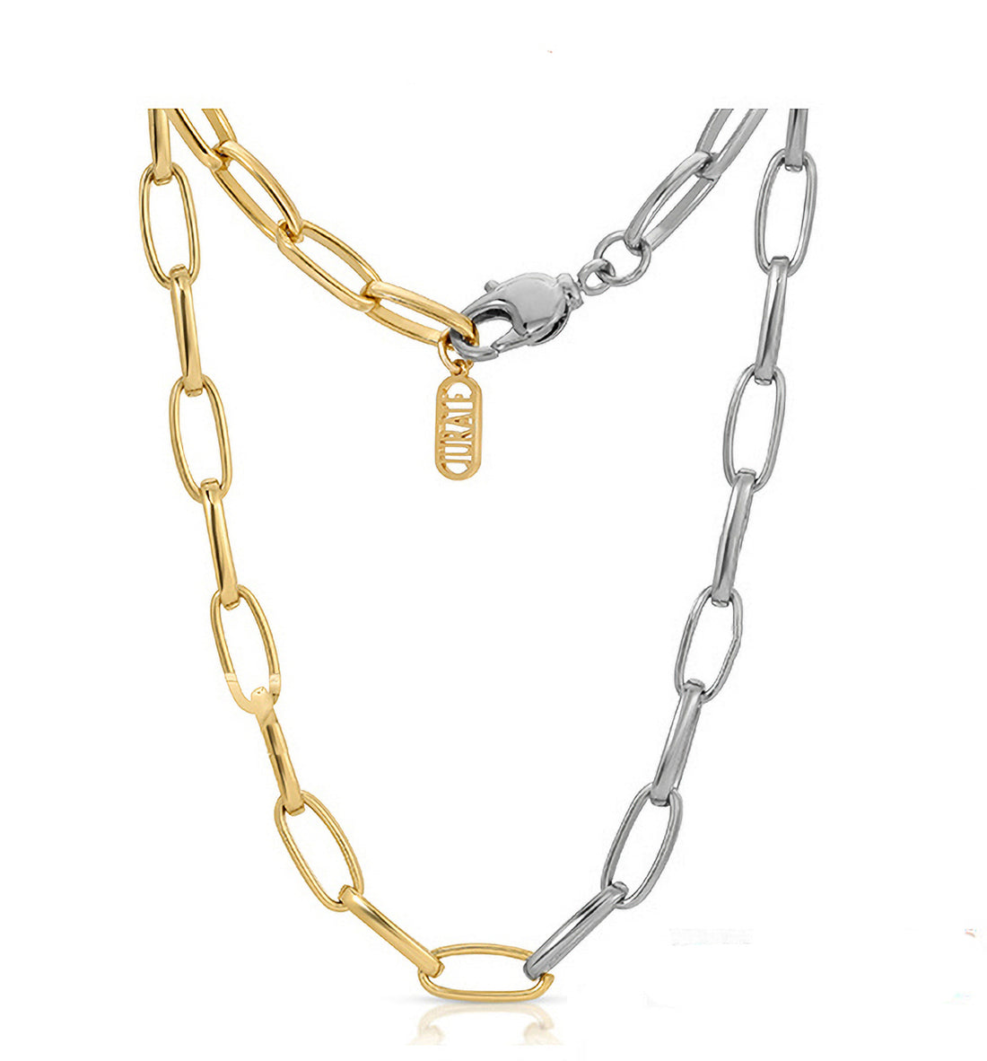 Mixed metal chain necklace with gold and silver links and small pendant tag