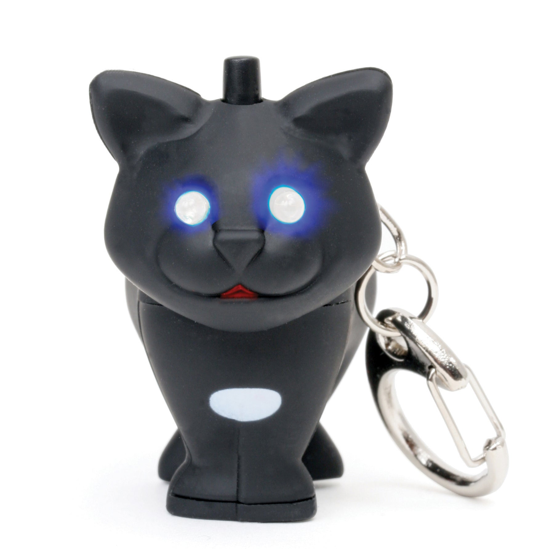 Black cat keychain with glowing blue eyes and silver key ring
