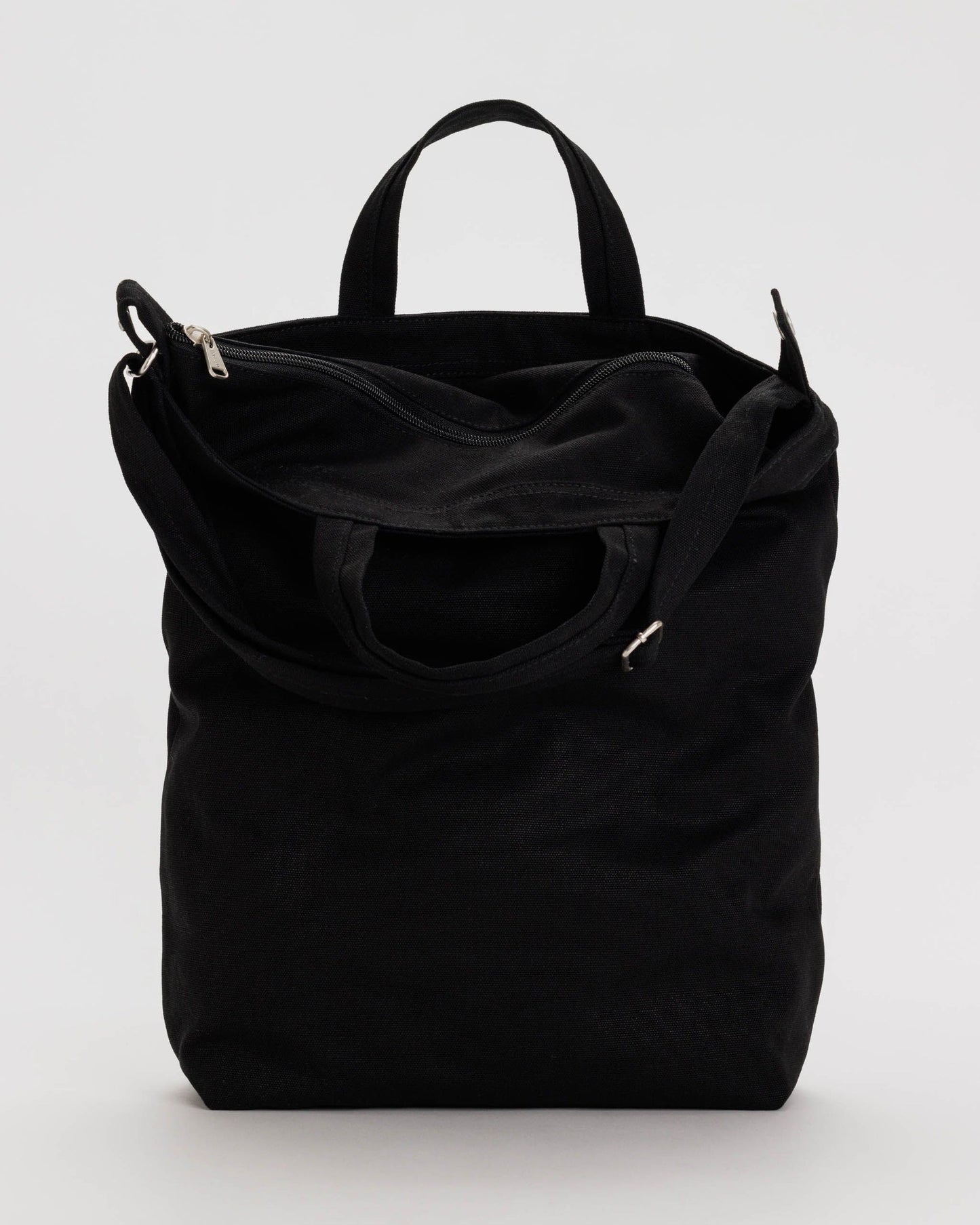 Black zip-top duck bag with dual handles and front zipper pocket