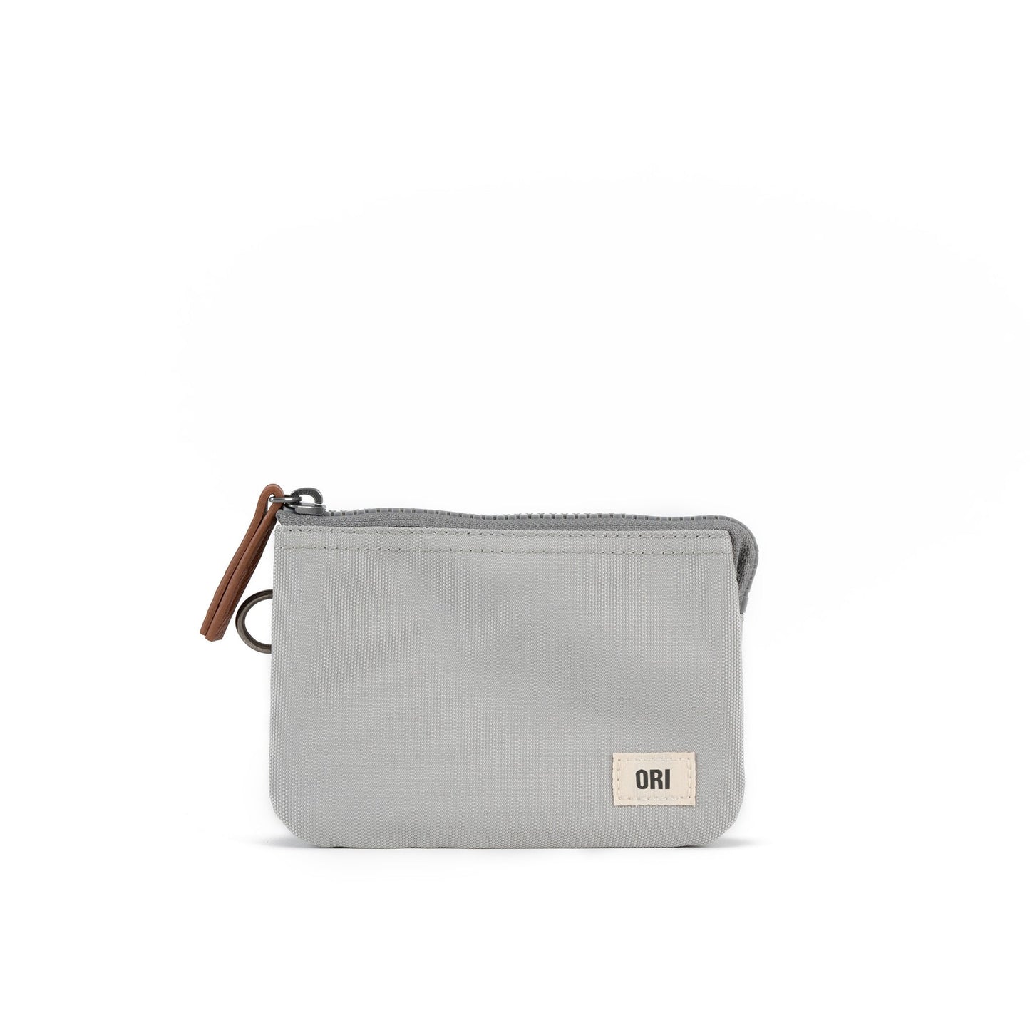Small mist canvas zipper pouch with leather pull and front logo patch