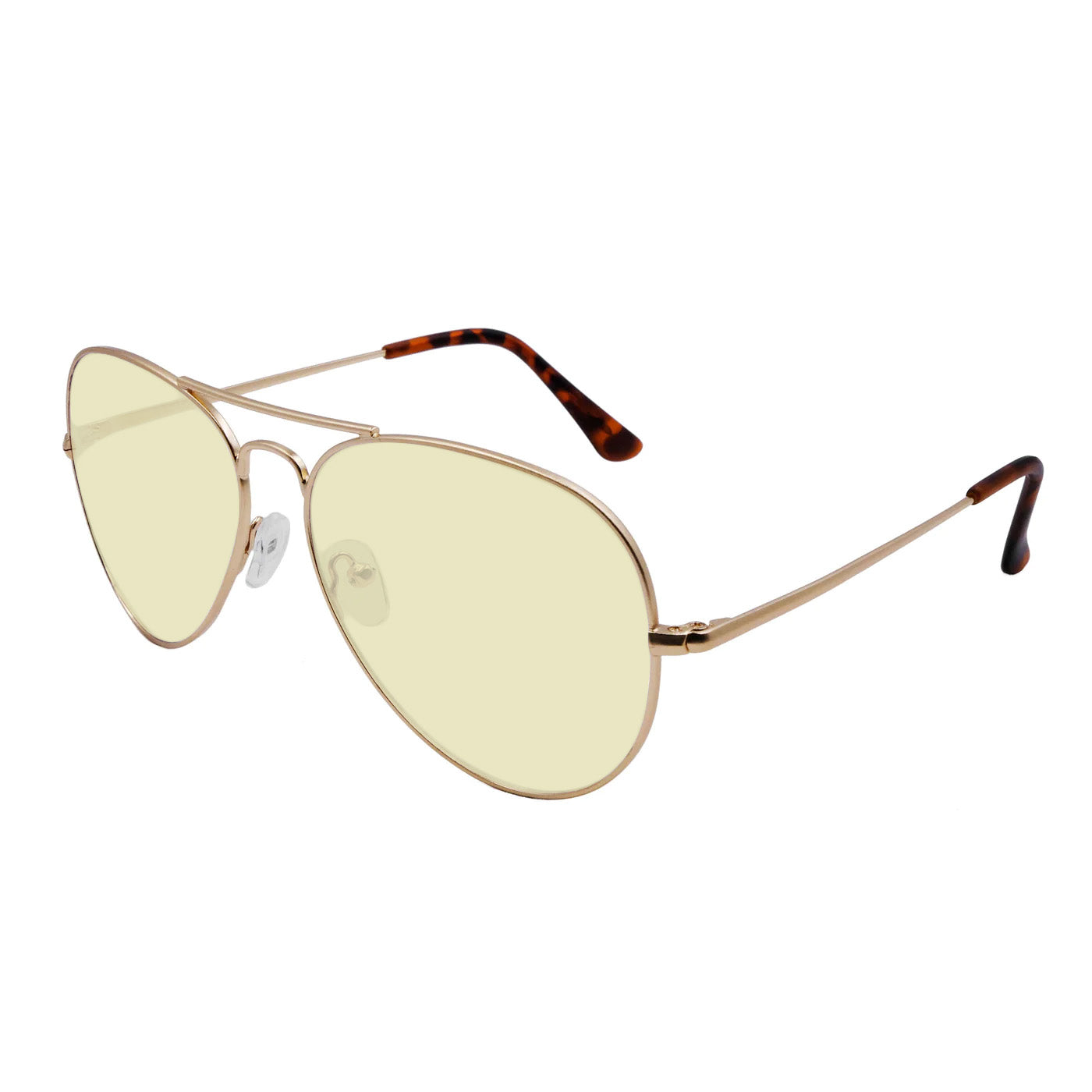 Aviator sunglasses with yellow lenses, gold-tone frames, and tortoise temples