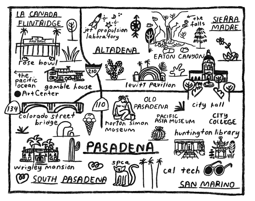 Pasadena map-themed line art print with black illustrations and text labels