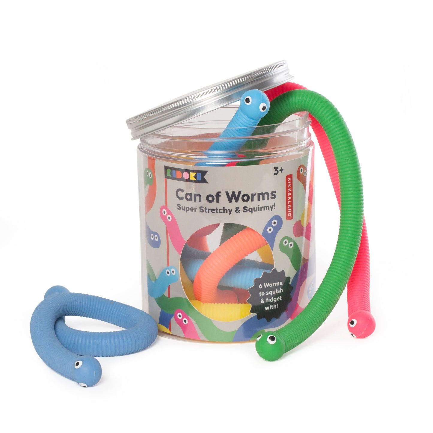 Kidoki Can of Worms toy can with blue, green, and red stretchy worm