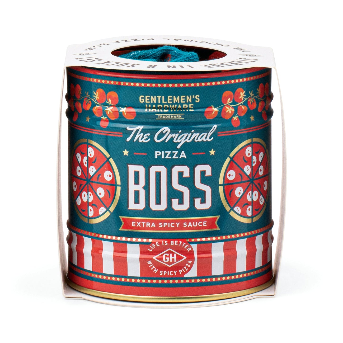 Pizza-themed sock can with red pizza graphic label reading “Gentlemen's” and “BOSS”.