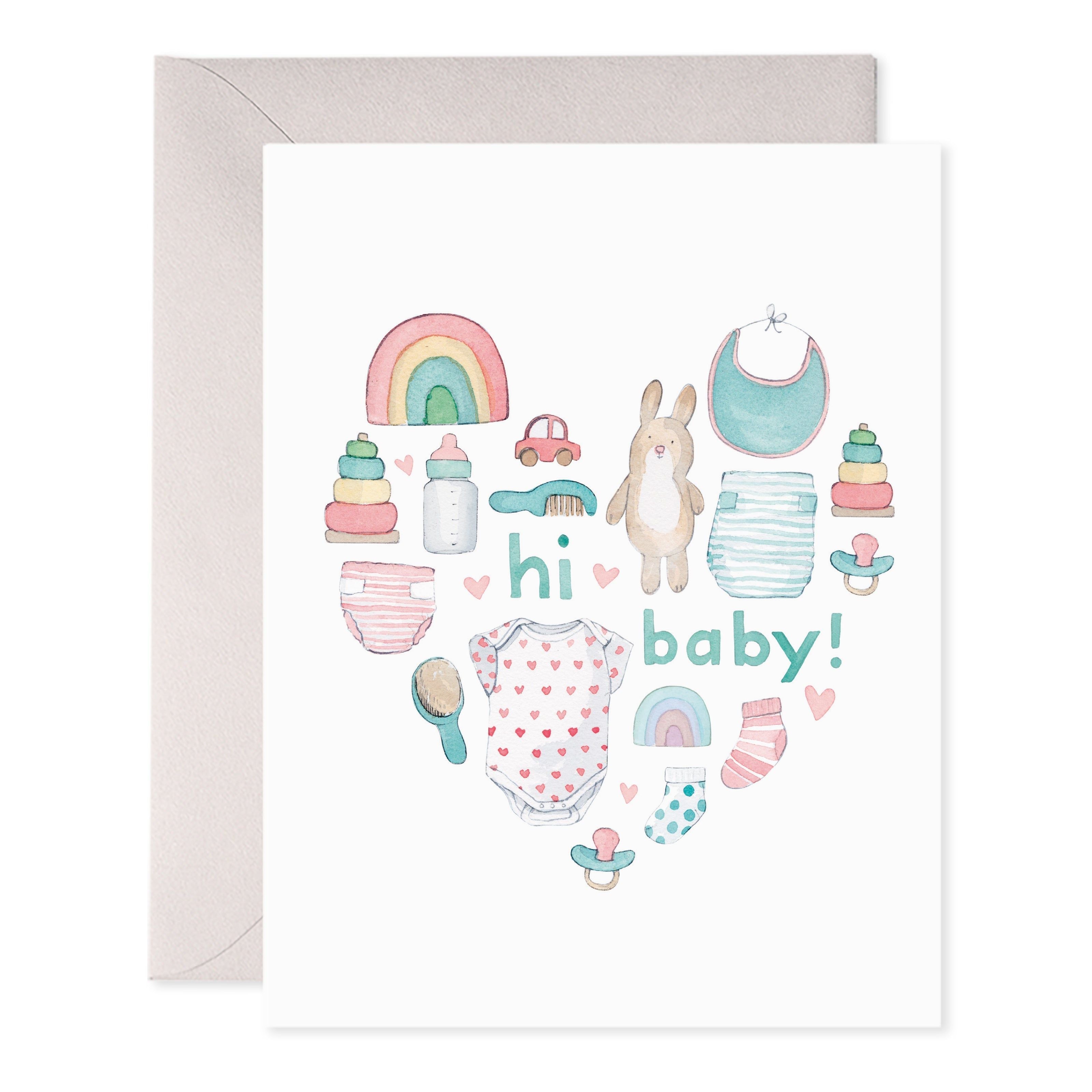 Baby greeting card with heart design, baby items and text "hi baby!"