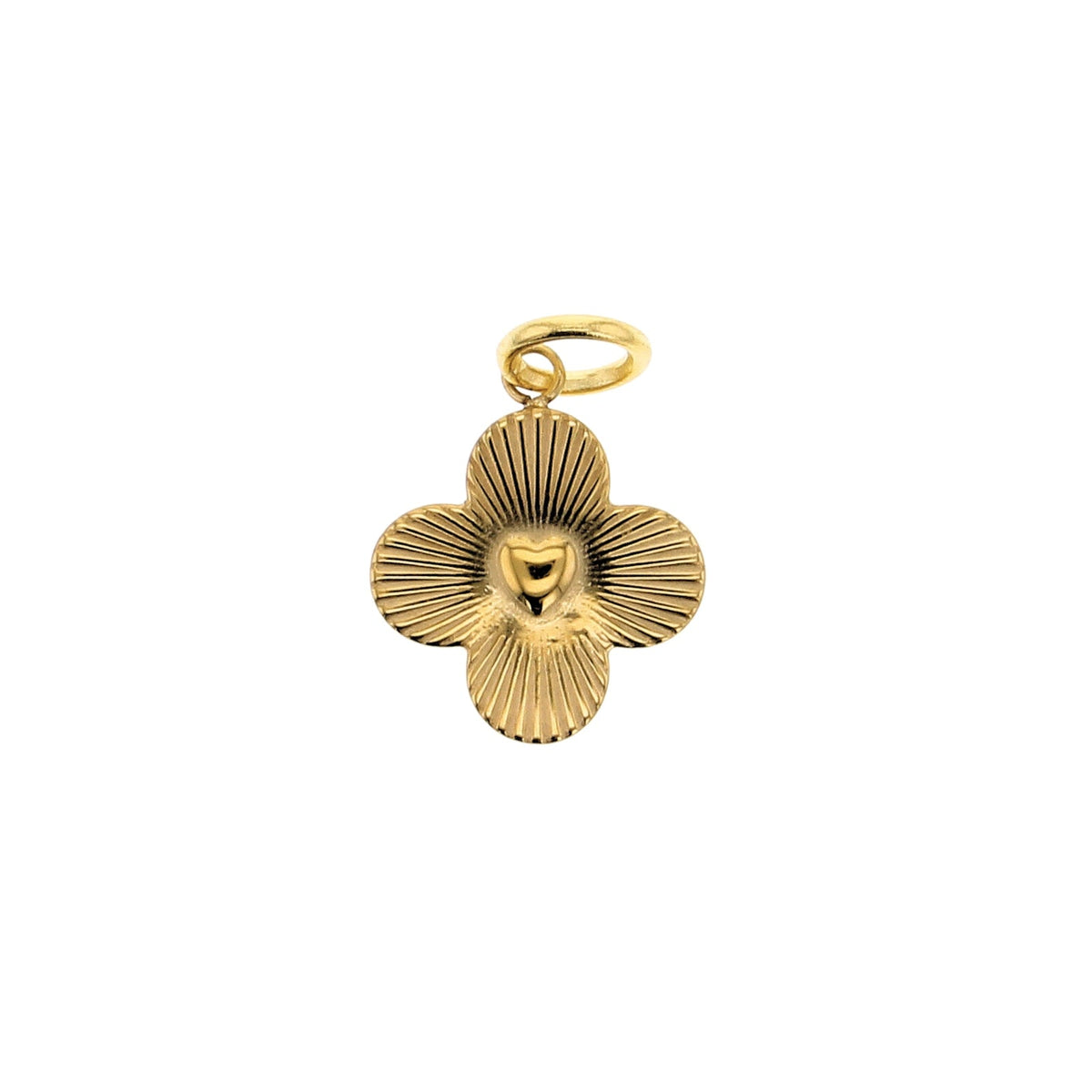 Gold-tone clover charm with looped bail, textured four-leaf design