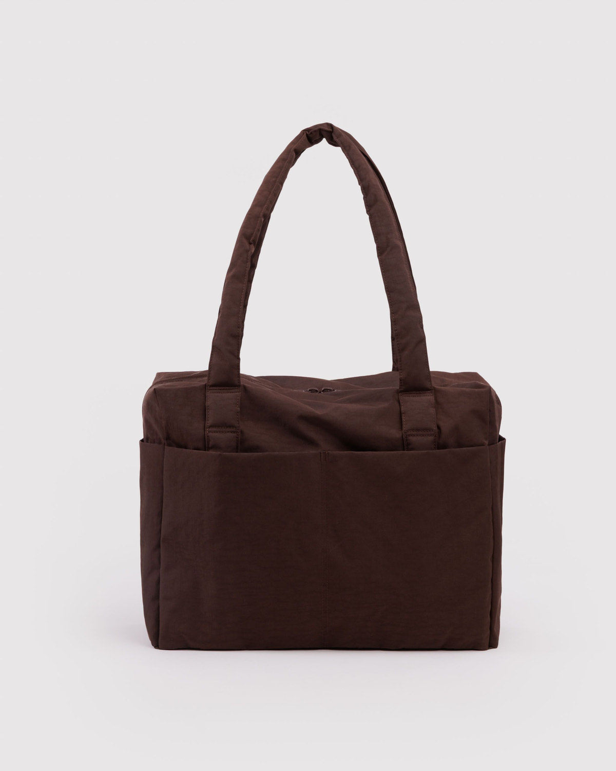 Coffee-brown carry-on tote bag with top handles and stitched front panel