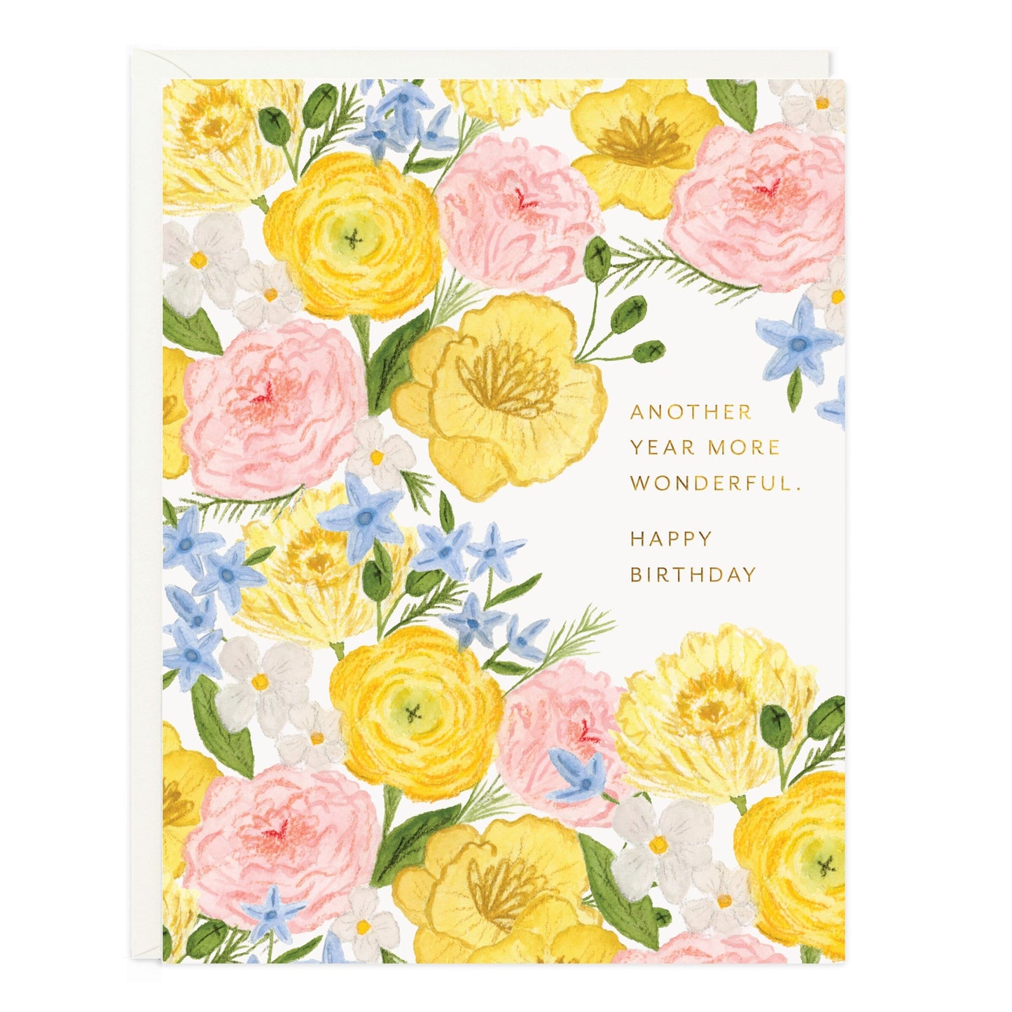Birthday card with pastel flowers; text reads: Happy Birthday, Another year more wonderful.