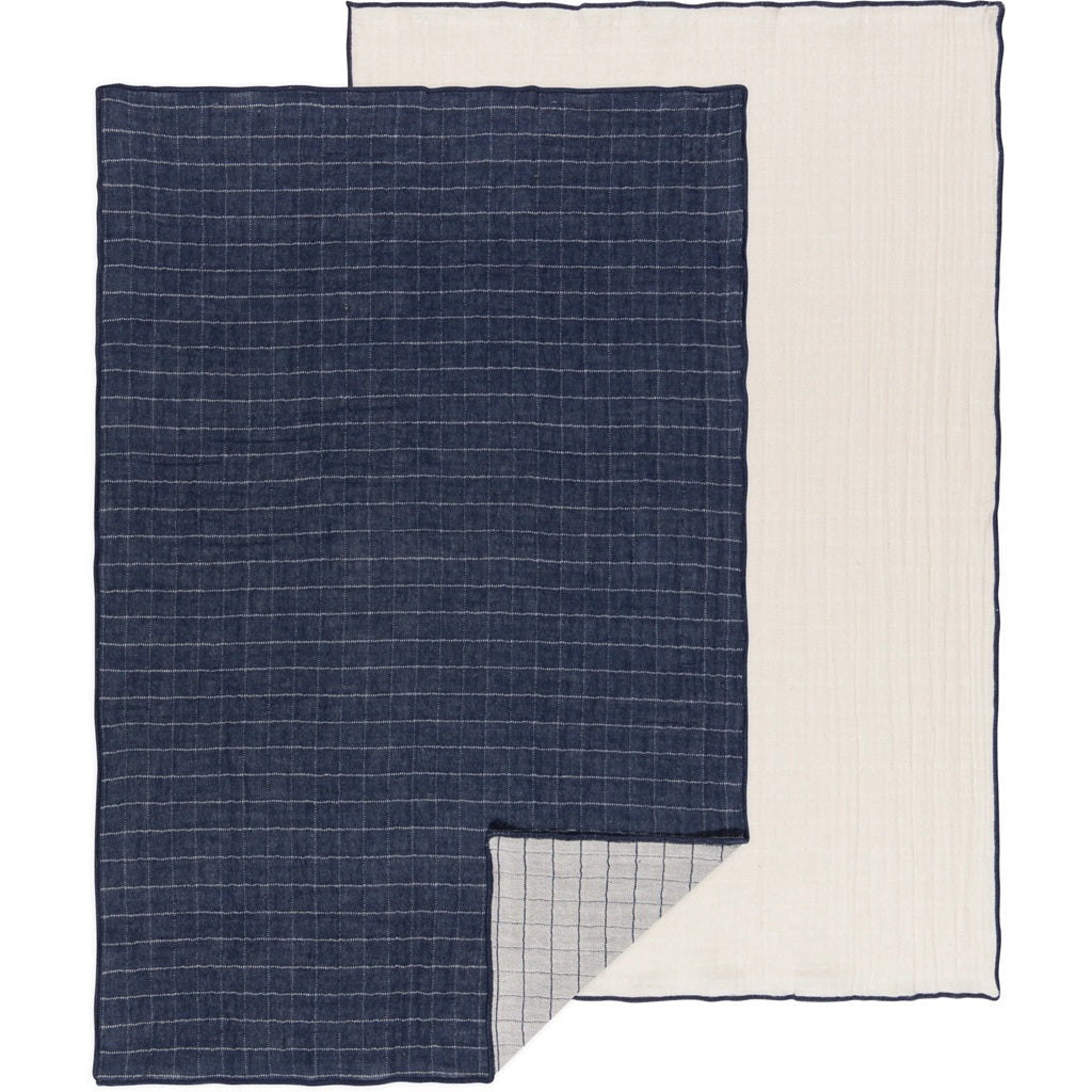 Double-weave dishtowel set of 2 in dark blue and white, textured grid weave.
