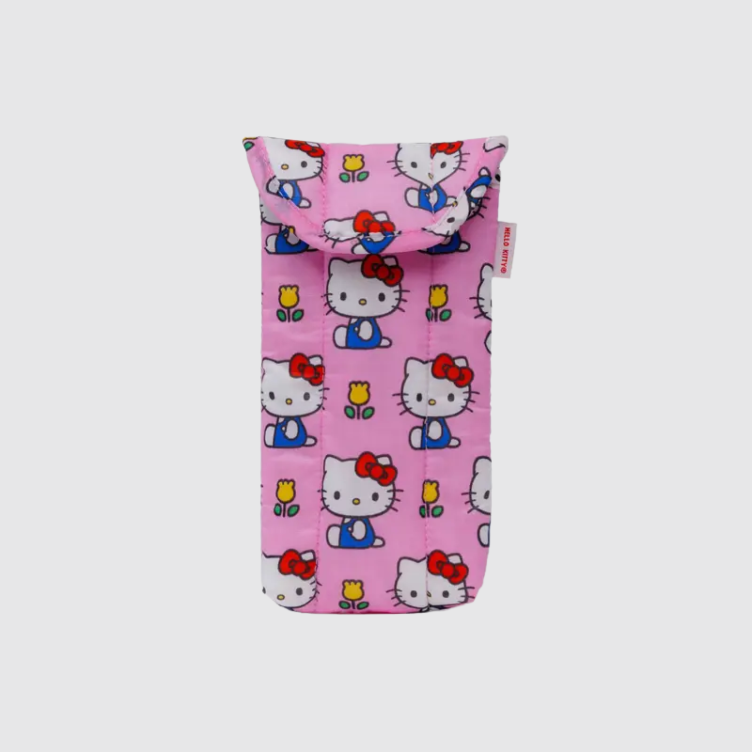 Pink cat-print puffy glasses sleeve with Hello Kitty faces