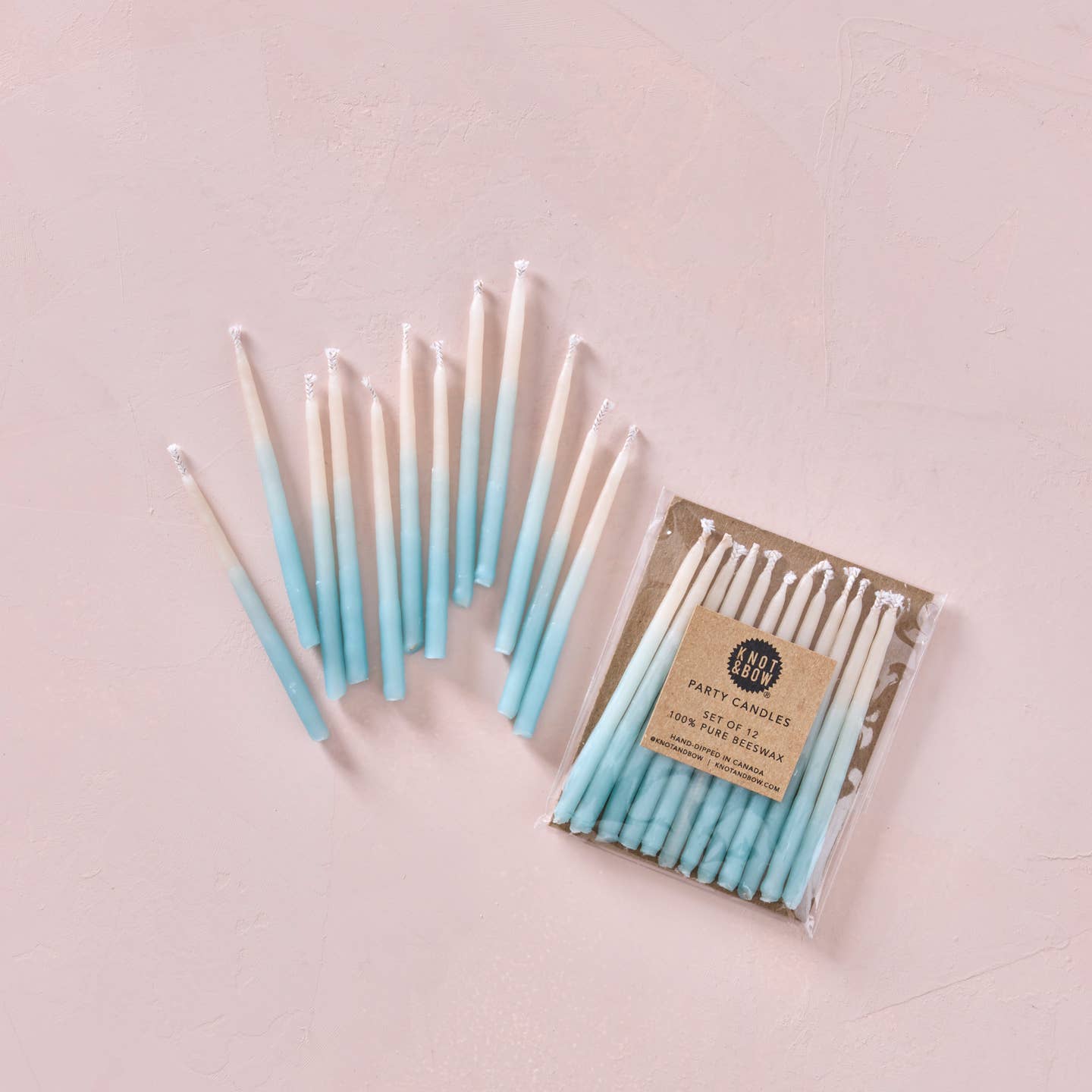 Aqua ombre beeswax party candles set, teal to blue taper candles with white wicks