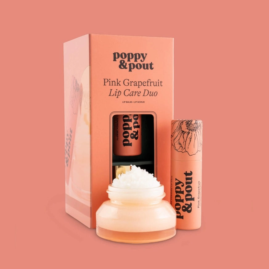 Lip balm duo with pink grapefruit scent, two balm containers on display