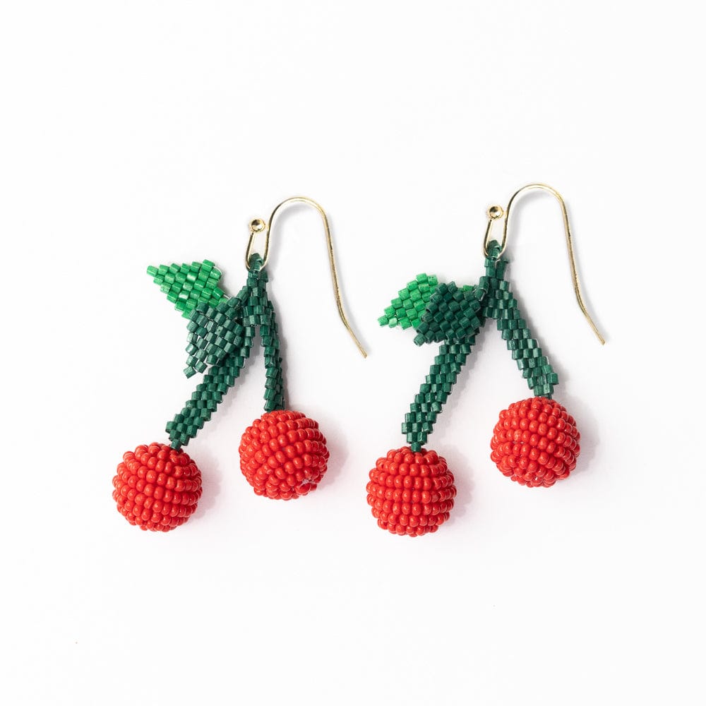 Beaded dangle earrings with green bows and red cherry-style beads